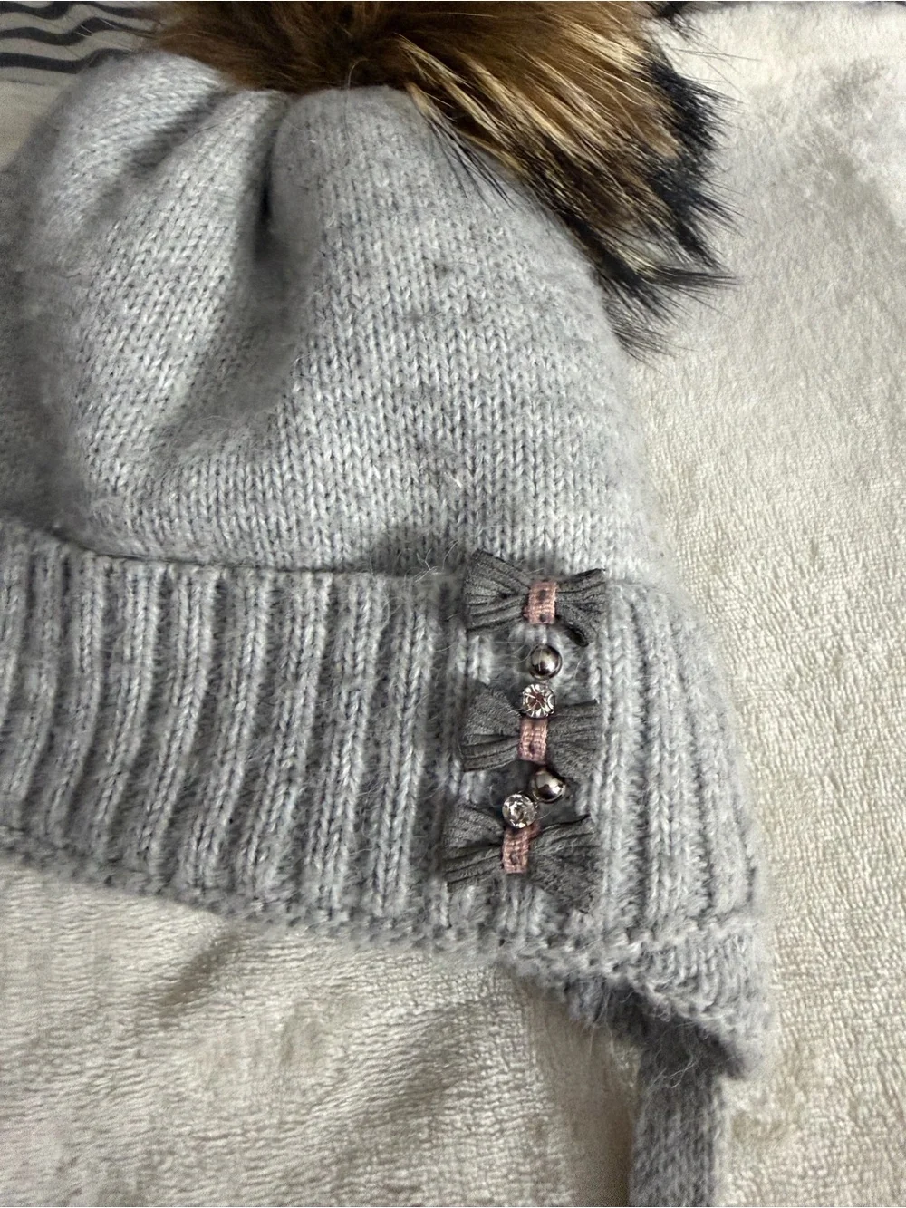 Blair Gray Knit Kids Pom Pom Hat with Faux Fur Accent